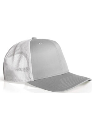Gray trucker hat with a solid front panel and white mesh back, low-profile curved brim.
