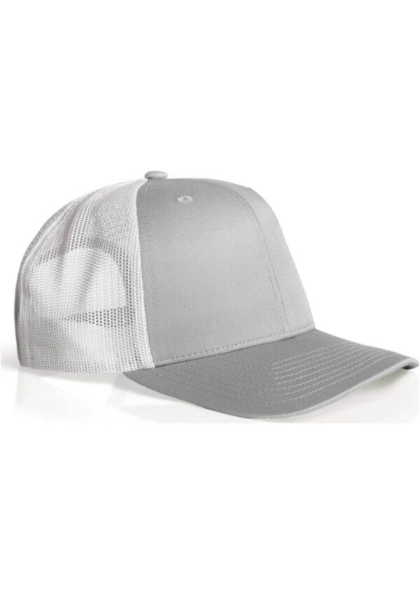 Gray trucker hat with a solid front panel and white mesh back, low-profile curved brim.