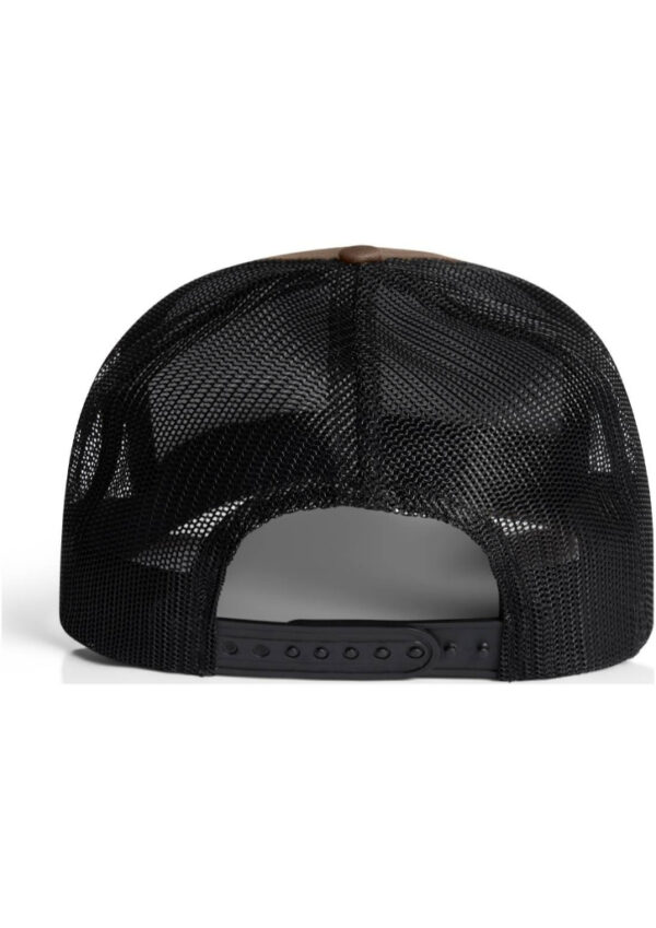 Black mesh baseball cap viewed from the back, showing an adjustable snap strap and button at the top edge (trucker hat).