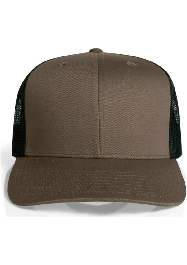 Brown trucker hat with black mesh sides, front brown panel and curved brim