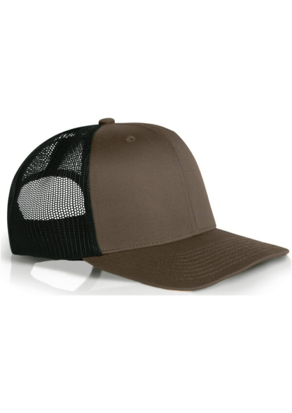 Brown and black trucker hat with a curved brim, front panels in brown and a black mesh back, shown from a side angle.