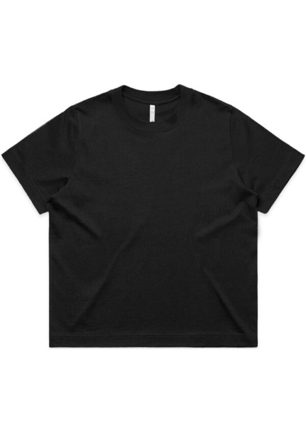 Plain black crew-neck T-shirt laid flat on a white background