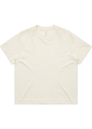 Cream-colored short-sleeve T-shirt laid flat on a white background; plain, unembellished shirt for sale