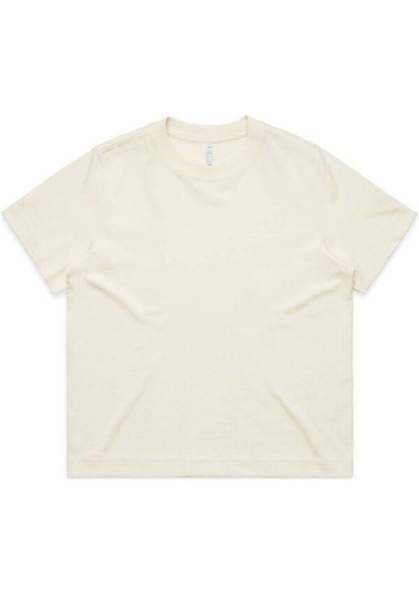 Cream-colored short-sleeve T-shirt laid flat on a white background; plain, unembellished shirt for sale