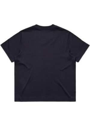 Back view of a navy blue short-sleeve T-shirt laid flat on a white background.