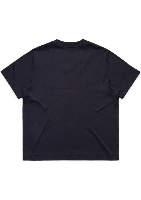 Back view of a navy blue short-sleeve T-shirt laid flat on a white background.
