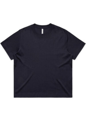 Navy blue crewneck T-shirt laid flat, blank front view, no visible logo or design