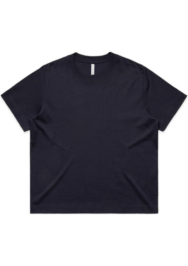 Navy blue crewneck T-shirt laid flat, blank front view, no visible logo or design
