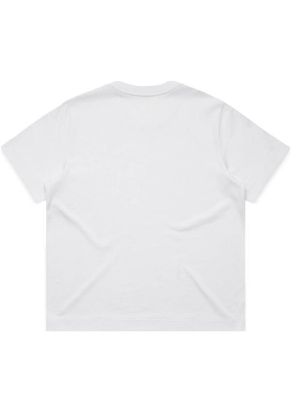 Back view of a plain white T-shirt laid flat on a white background.