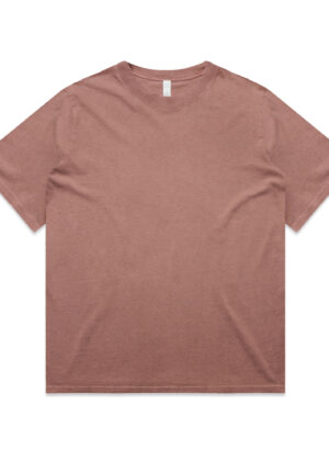 Flat lay view of a dusty-rose short-sleeve T-shirt with a crew neck and visible neck tag at the back.