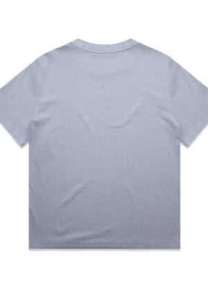 Back view of a light blue T-shirt laid flat on a white background