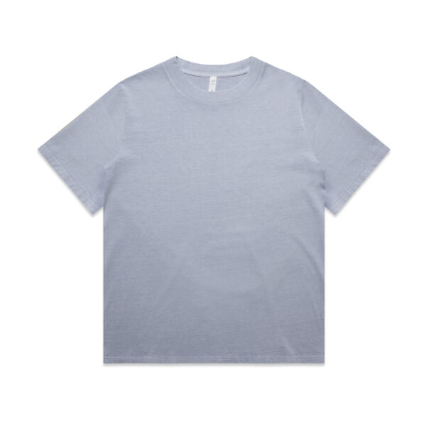 Light blue T-shirt laid flat, showing neckline and short sleeves on white background]