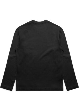 Back view of a plain black long-sleeve crew-neck shirt on a white background.