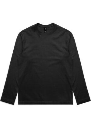 Black long-sleeve crewneck T-shirt laid flat on a white background
