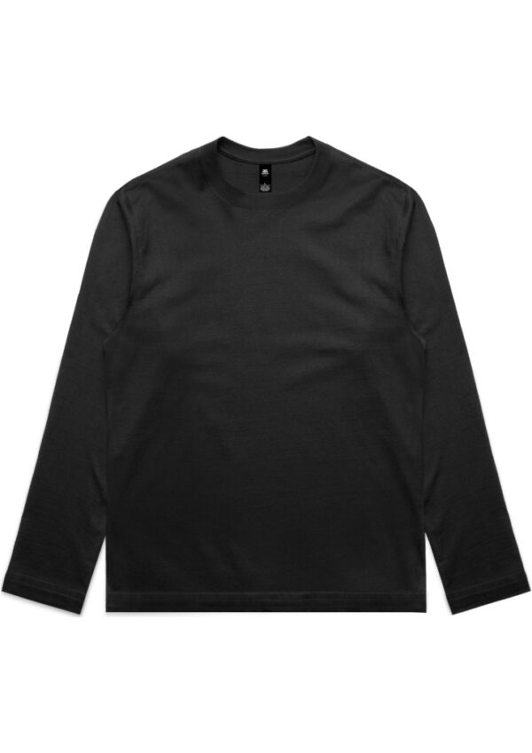 Black long-sleeve crewneck T-shirt laid flat on a white background