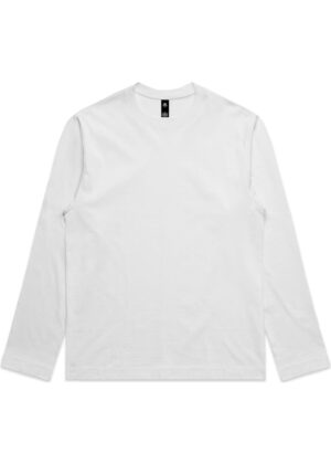 White long-sleeve T-shirt laid flat against a white background with a crew neck