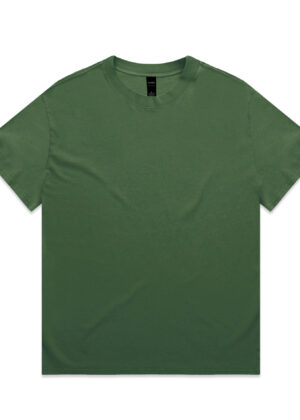 Front view of a green short-sleeve T-shirt laid flat, tag visible at the neckline.