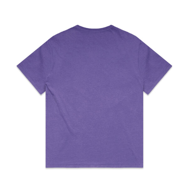 Back view of a plain purple short-sleeve T-shirt laid flat on a white background.