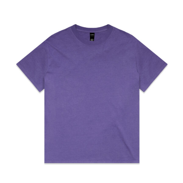 Purple short-sleeve T-shirt laid flat with a black neck tag visible at center.