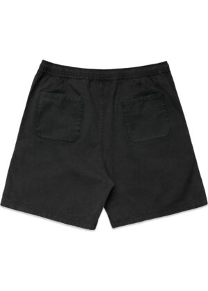 Back view of black shorts with two patch pockets and an elastic waistband.