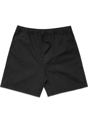 Black casual shorts with an elastic waist and black drawstring, front view with side pockets visible