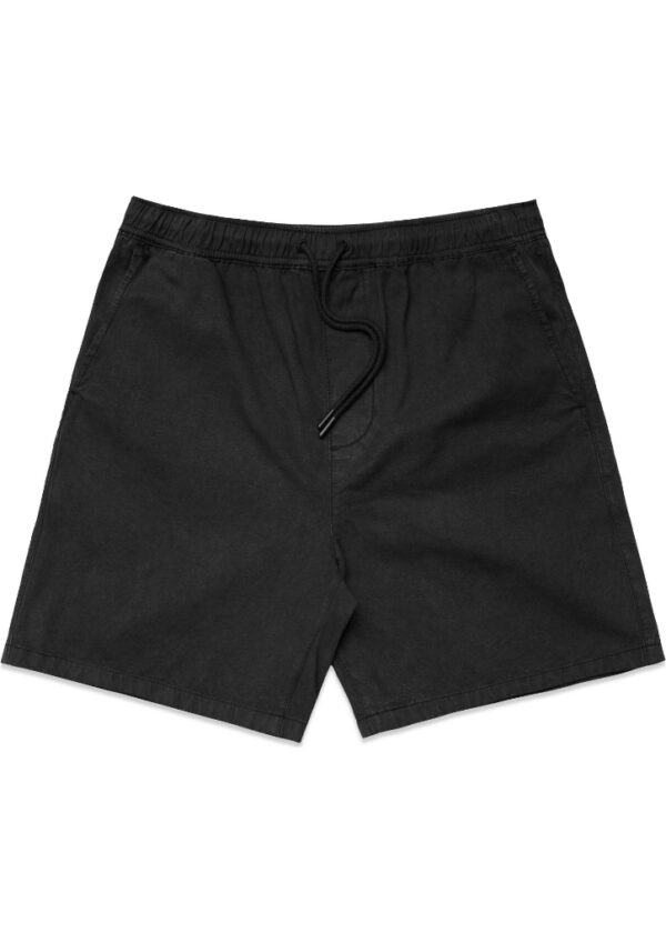 Black casual shorts with an elastic waist and black drawstring, front view with side pockets visible