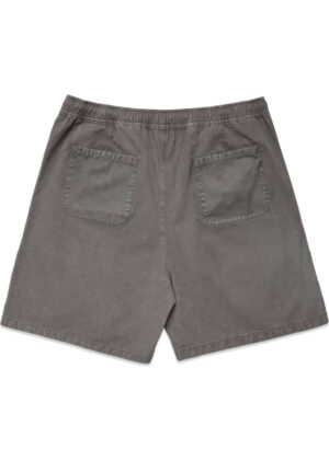 Gray shorts with an elastic waistband, shown from the back with two patch pockets.