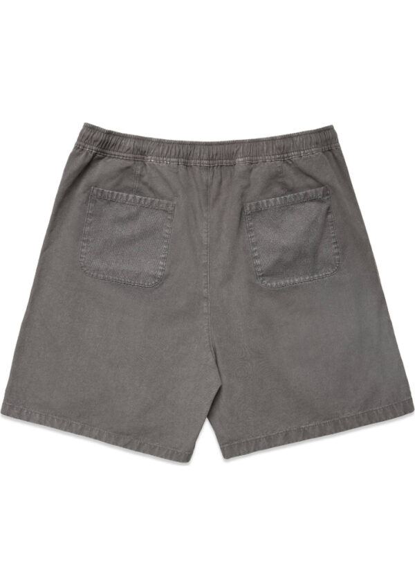 Gray shorts with an elastic waistband, shown from the back with two patch pockets.
