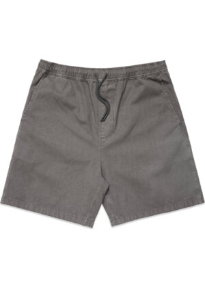 Gray drawstring shorts laid flat with an elastic waistband and side pockets