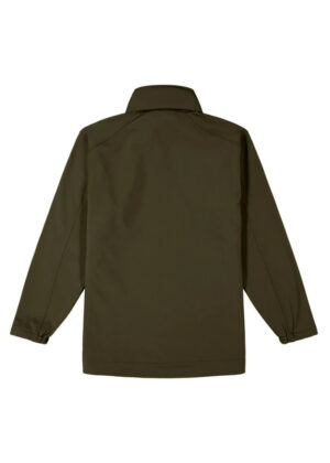 Back view of an olive-green jacket with a stand collar and elastic cuffs at the sleeves