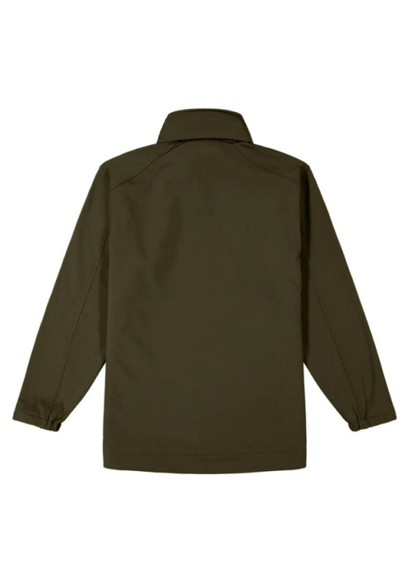 Back view of an olive-green jacket with a stand collar and elastic cuffs at the sleeves