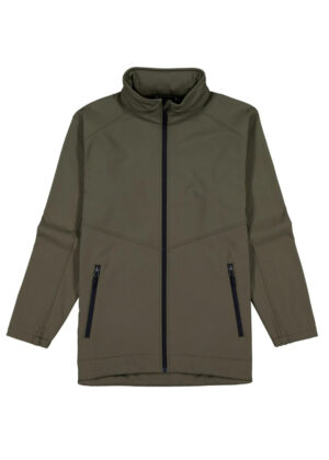 Olive green zip-up jacket with a high collar and two diagonal zip pockets.
