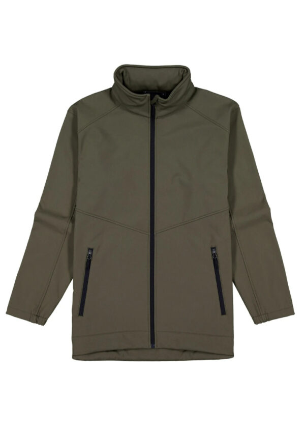 Olive green zip-up jacket with a high collar and two diagonal zip pockets.