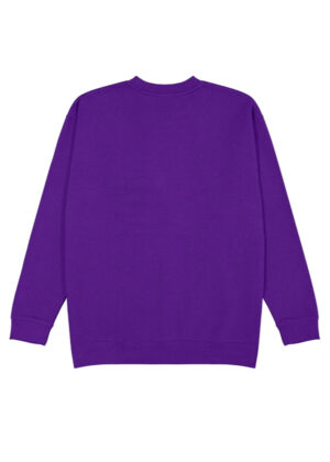 Back view of a purple crewneck sweatshirt with ribbed cuffs and hem, solid color. interpreted as a garment image for product listing.