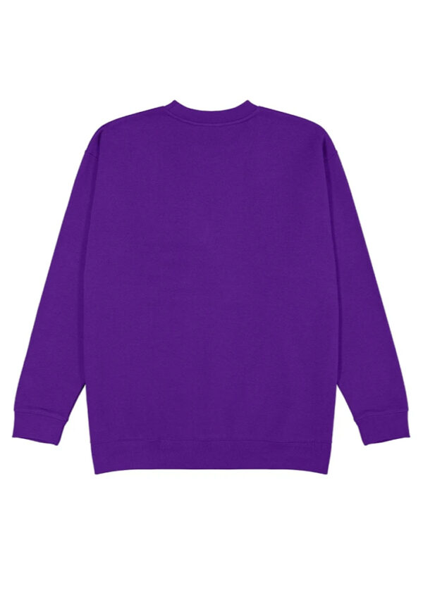 Back view of a purple crewneck sweatshirt with ribbed cuffs and hem, solid color. interpreted as a garment image for product listing.