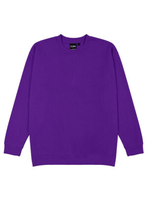 Purple crewneck sweatshirt laid flat with long sleeves and ribbed cuffs/hem