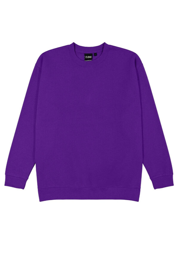 Purple crewneck sweatshirt laid flat with long sleeves and ribbed cuffs/hem