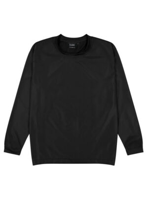 Black long-sleeve crewneck shirt laid flat with ribbed cuffs and hem.