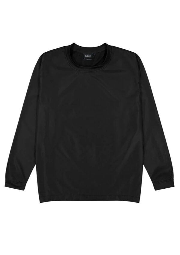 Black long-sleeve crewneck shirt laid flat with ribbed cuffs and hem.