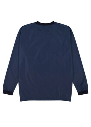 Back view of a navy bomber jacket with black ribbed cuffs, loose fit.