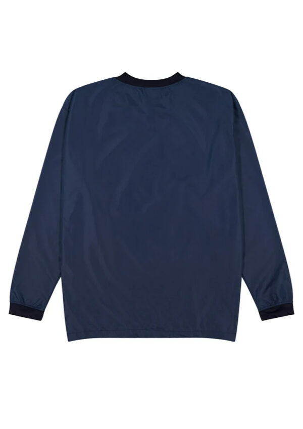 Back view of a navy bomber jacket with black ribbed cuffs, loose fit.