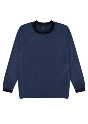 Navy blue long-sleeve pullover with a crew neck and ribbed cuffs and hem.