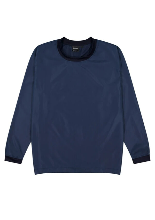 Navy blue long-sleeve pullover with a crew neck and ribbed cuffs and hem.
