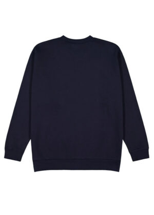 Back view of a navy blue crewneck sweatshirt with long sleeves and ribbed cuffs and hem.
