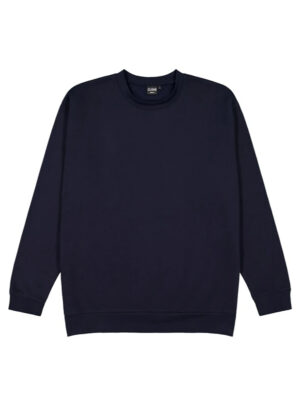 Navy blue crewneck sweatshirt laid flat with ribbed cuffs and hem