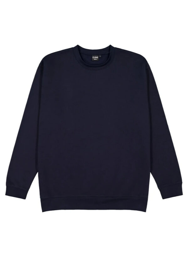 Navy blue crewneck sweatshirt laid flat with ribbed cuffs and hem