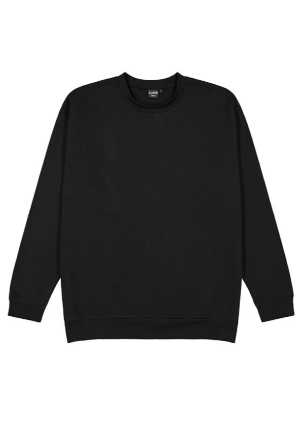 Plain black crewneck sweatshirt laid flat with long sleeves and ribbed cuffs and hem