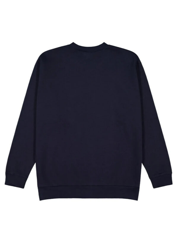 Back view of a navy blue crew-neck sweatshirt with long sleeves and ribbed cuffs, plain design.
