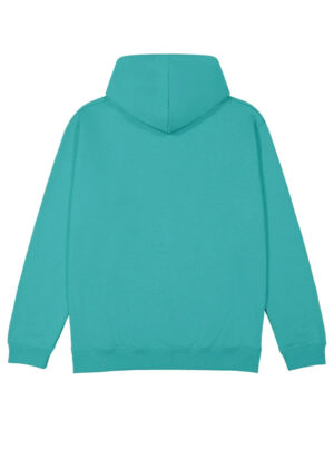Turquoise hoodie viewed from the back, showing a hood and long sleeves on a plain background.