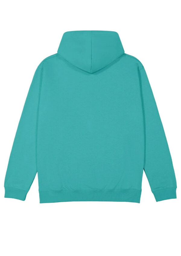 Turquoise hoodie viewed from the back, showing a hood and long sleeves on a plain background.